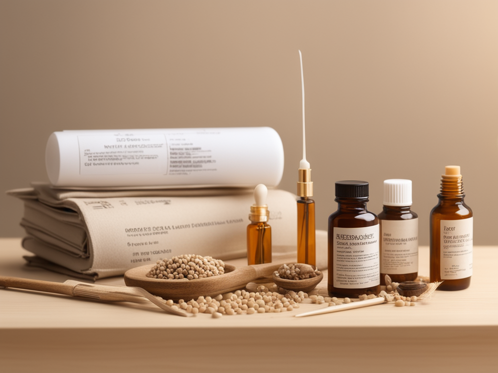 여드름 평가 차트와 침 도구, 이압 씨앗 패치를 배치한 의료 스틸라이프 이미지