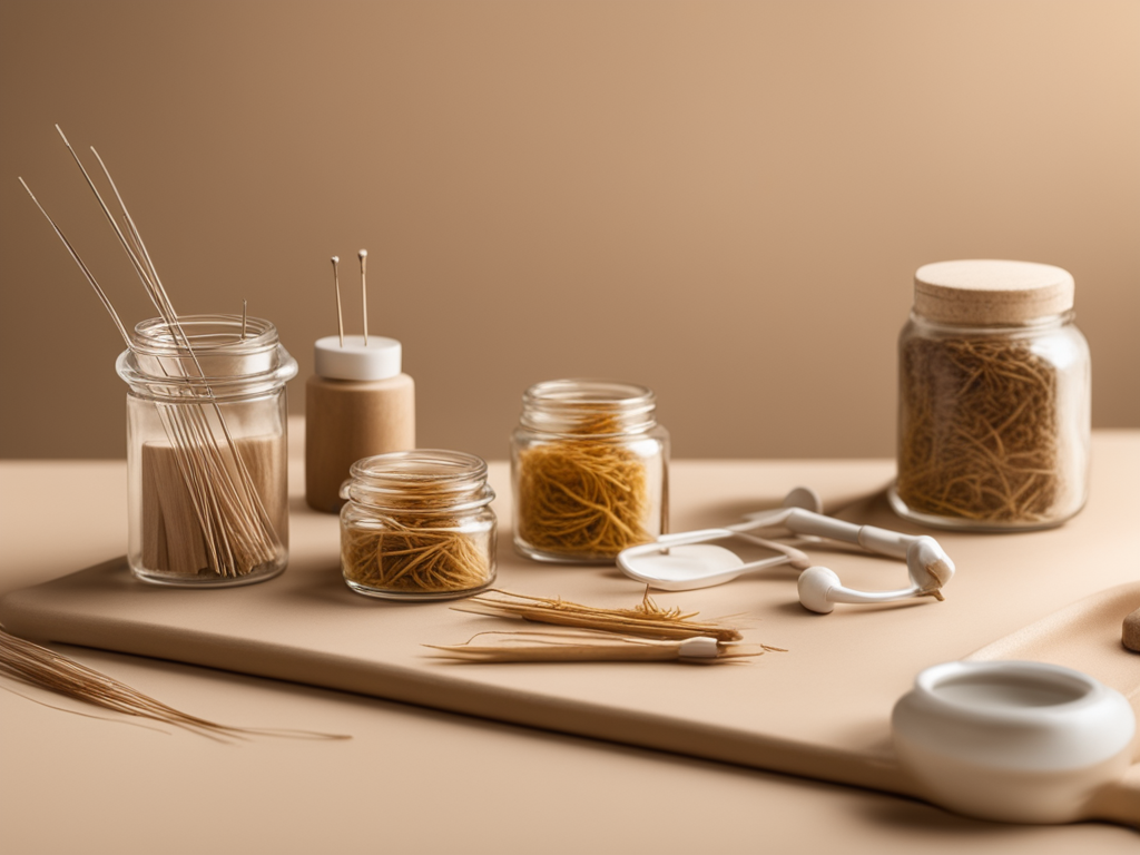 팔자주름과 마리오네트 라인 개선을 상징하는 안면 침치료 의료 스틸라이프 이미지