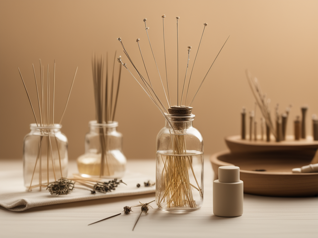 두피 진단 도구와 침 치료 소도구, 연구 문서를 배치한 의료 스틸라이프 이미지