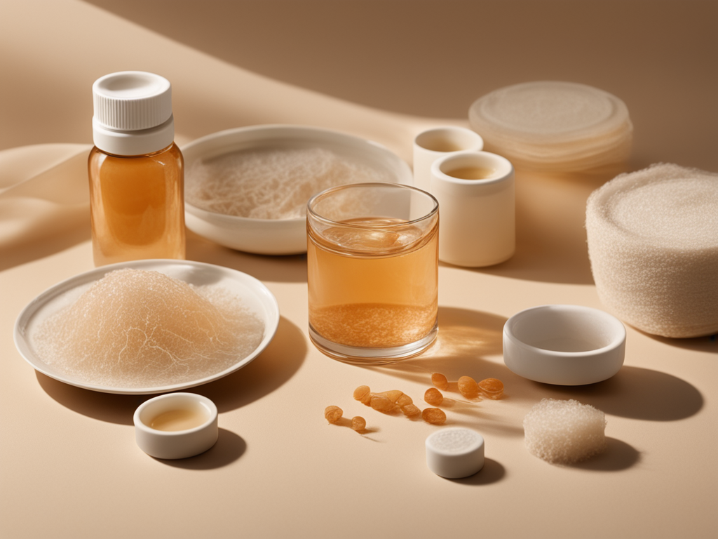 피부 조직 모형과 배양 접시, 현미경, 콜라겐 섬유 구조를 배치한 피부 노화 연구 스틸라이프 이미지