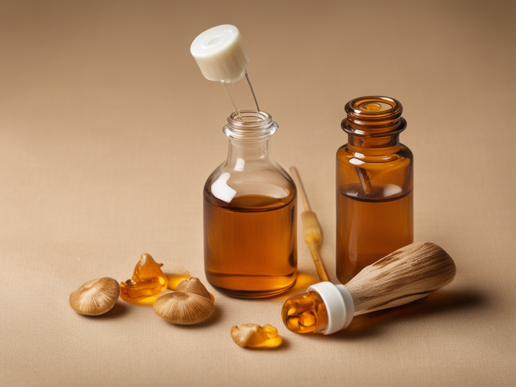 Antrodia cinnamomea 약용 버섯 조각과 호박색 추출물 병, 유리 배양접시를 베이지 천 위에 배치한 피부 연구 스틸라이프 이미지