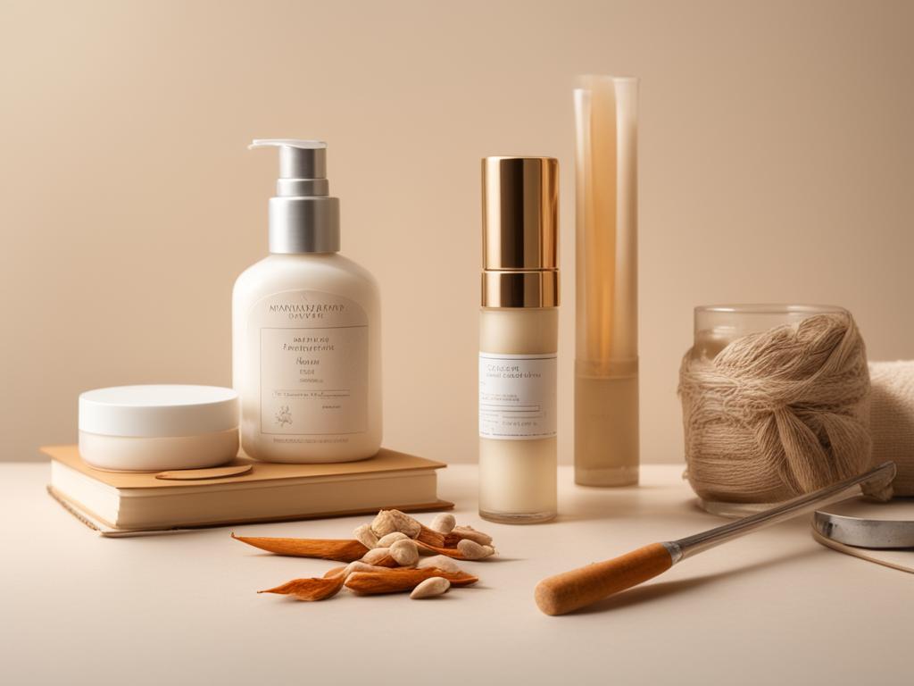 Ashwagandha 뿌리, 허브 로션 용기, 피부 측정 기록지를 배치한 광노화 피부 연구 스틸라이프 이미지