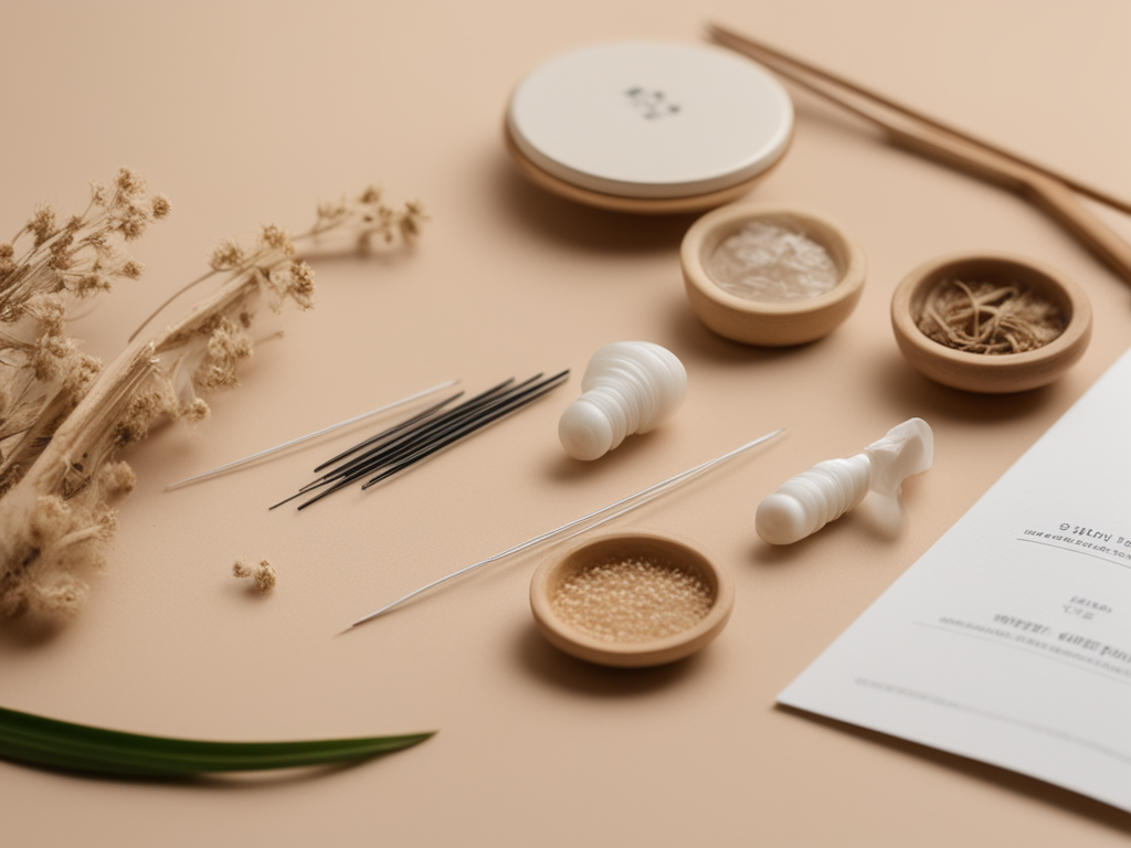 귀 침 시술 도구와 안면 평가 사진이 놓인 미용의학 정물 이미지