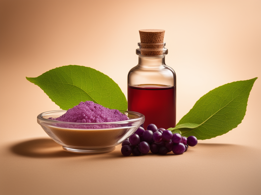 Callicarpa americana 잎과 식물 추출물 병, 미생물 배양접시를 배치한 의료 한의학 연구 스틸라이프 이미지
