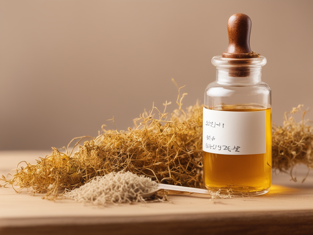 Cuscuta 추출물과 피부 색소 임상연구를 상징하는 의료 한의학 스틸라이프 이미지