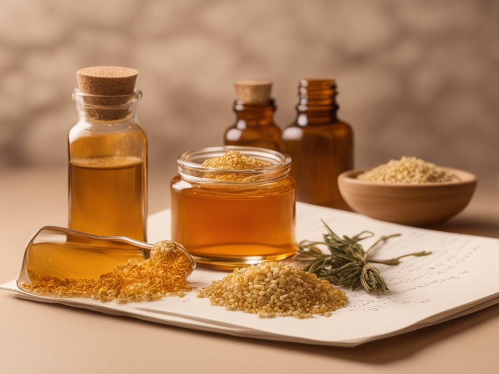 한약 과립과 피부치료 기록지를 배치한 장미여드름 병용치료 콘셉트의 의료 스틸라이프 이미지