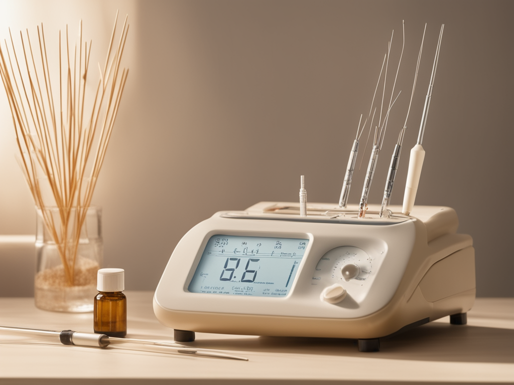 전침 장비와 피부 수분 측정 도구, 임상 기록지를 배치한 의료 스틸라이프 이미지