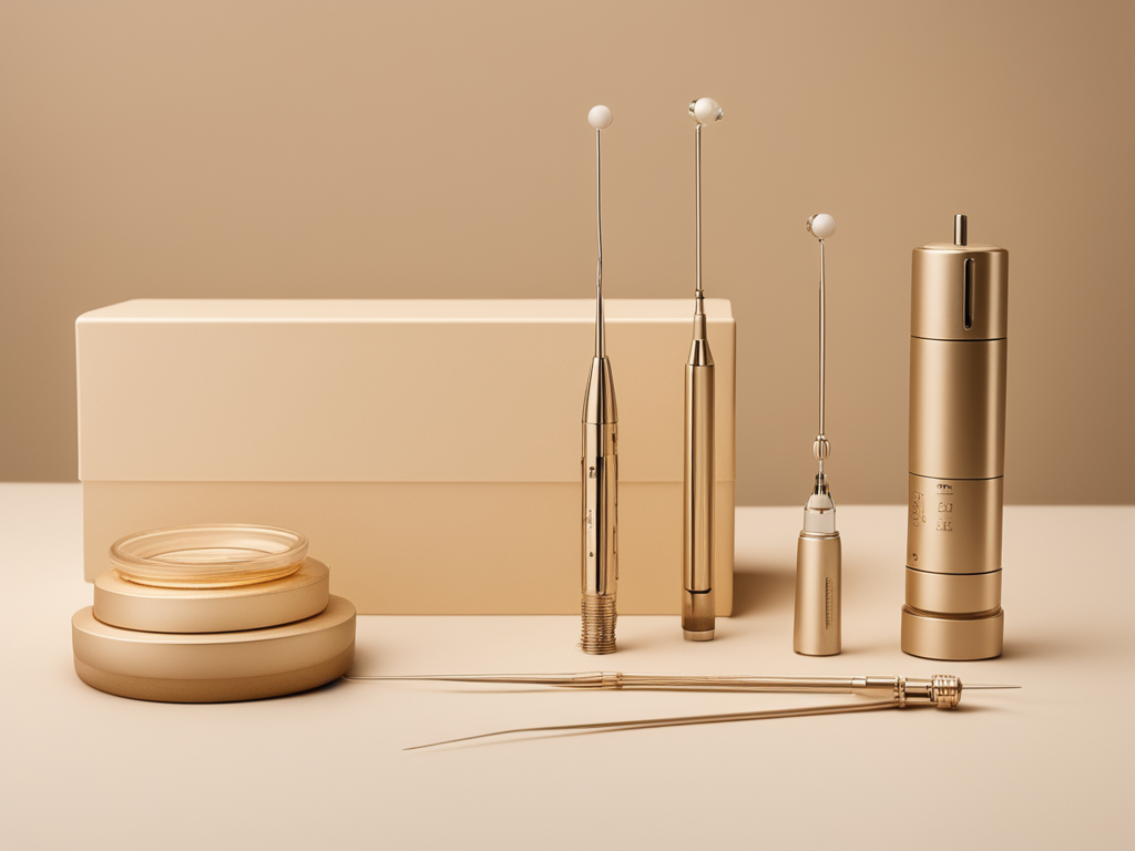 분획 CO2 레이저와 침 병행치료를 상징하는 피부미용 의료 스틸라이프 이미지