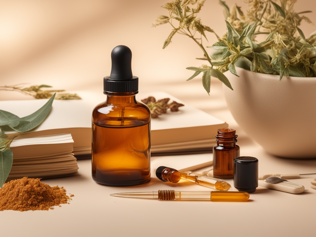 허브 추출 성분 병과 탈모 임상 평가 도구가 함께 놓인 의료 스틸라이프 이미지