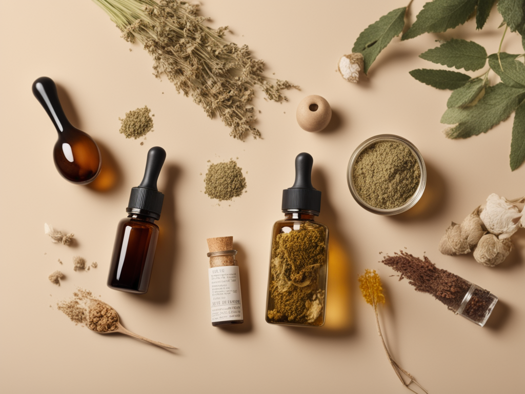 허브 추출물 병, 건조 약재, 피부 분석 기록지를 배치한 여드름 연구 스틸라이프 이미지