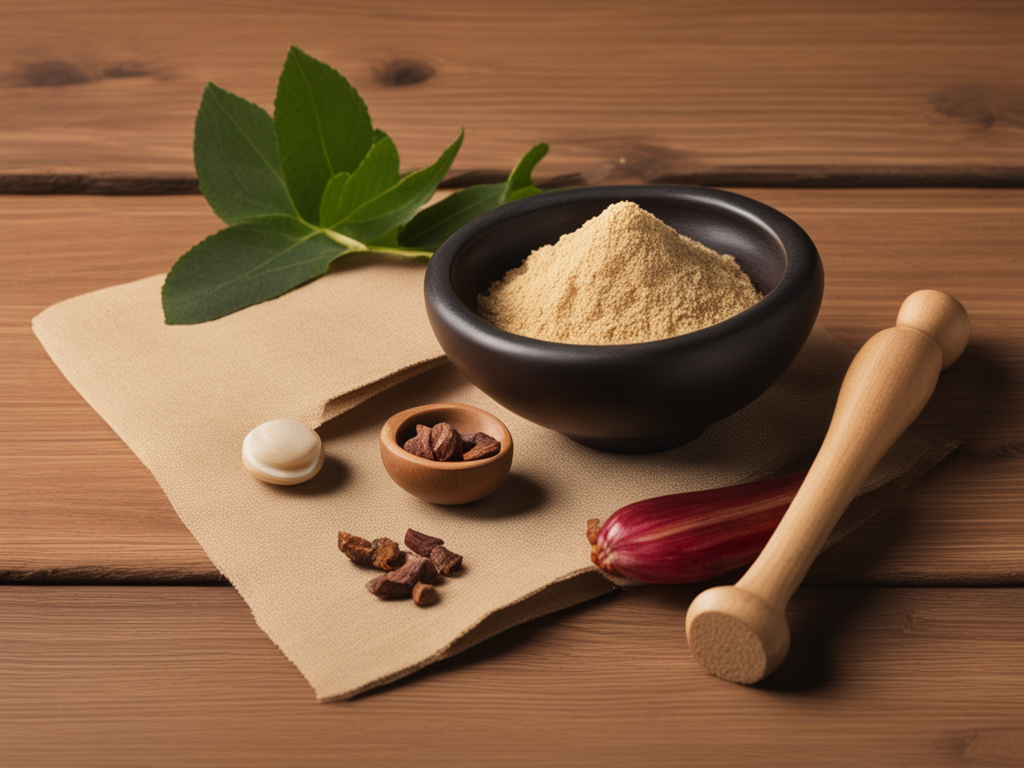 멜라스마 허브 임상연구를 상징하는 한약재 정물 이미지