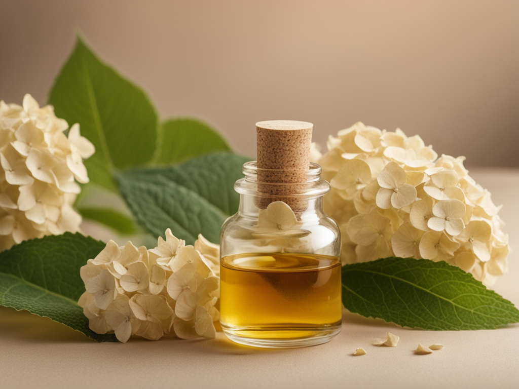 Hydrangea serrata 잎과 피부 보습 측정 기록을 배치한 한의학 연구 스틸라이프 이미지