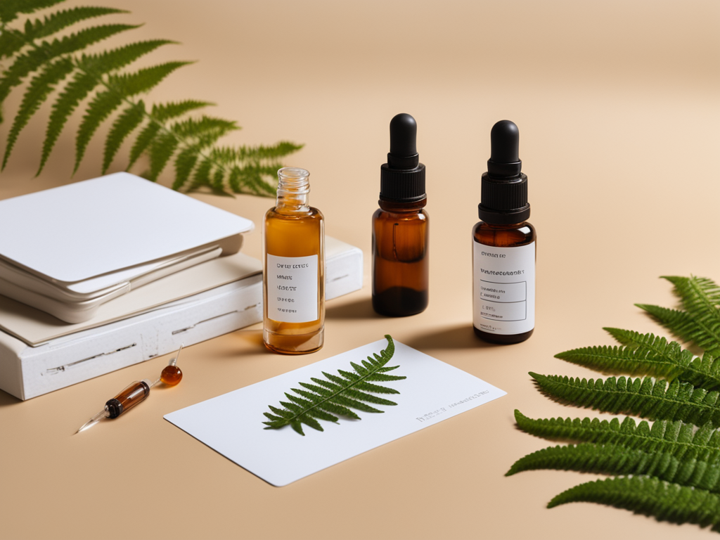 가죽고사리 추출물 기반 피부 미백 연구를 상징하는 한방-의학 스틸라이프 이미지