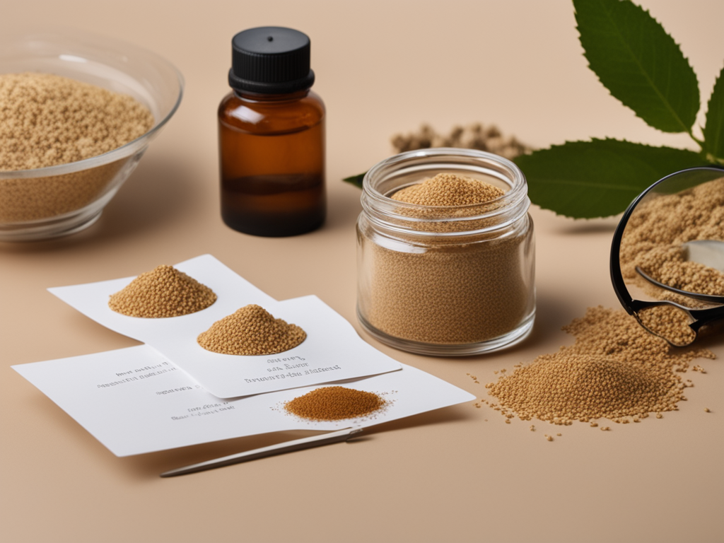 멜라스마 개선을 위한 한약 과립과 피부 평가 도구를 표현한 의료 스틸라이프 이미지