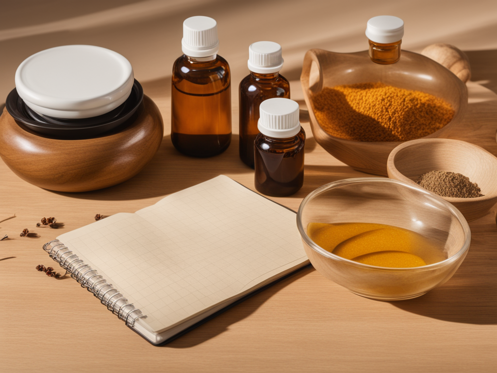 기미 임상 평가 차트와 한약 처방 소재를 배치한 의료 스틸라이프 이미지