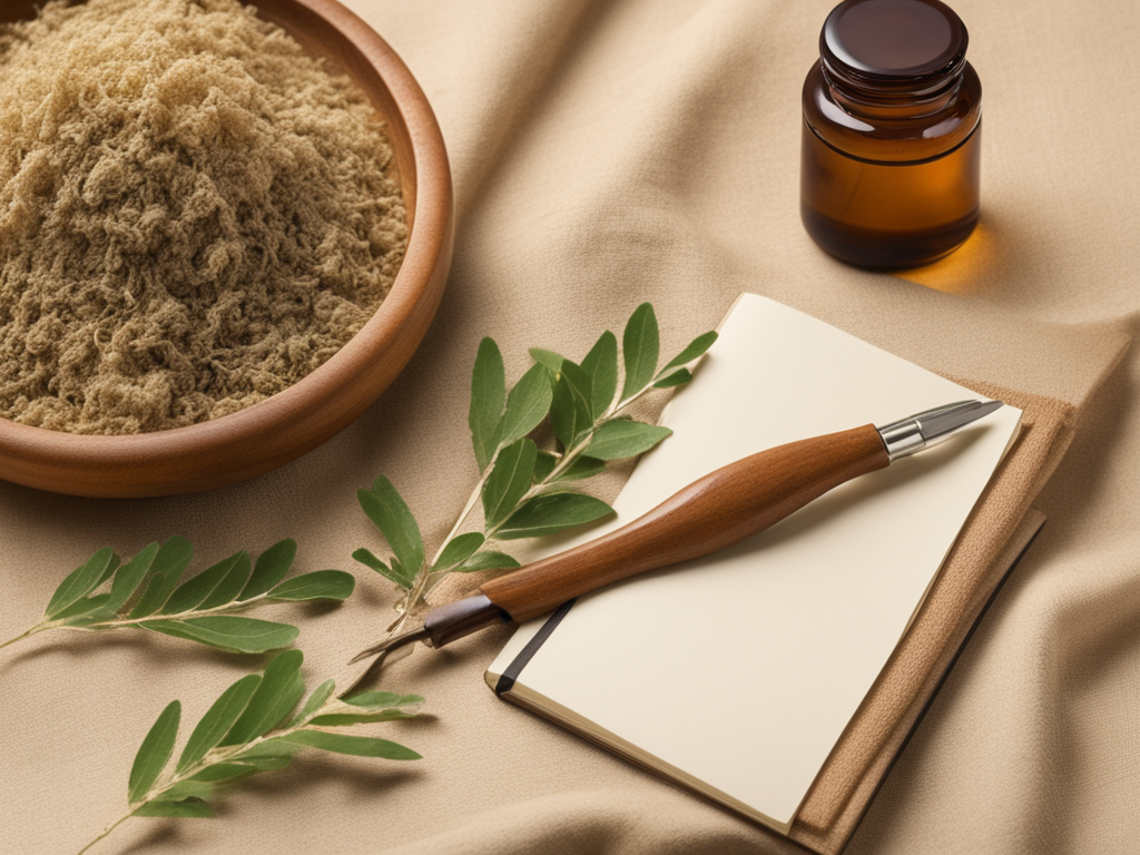 Amla 가지 추출물, 허브 젤 용기, 피부 측정 기록지를 배치한 피부노화 연구 스틸라이프 이미지