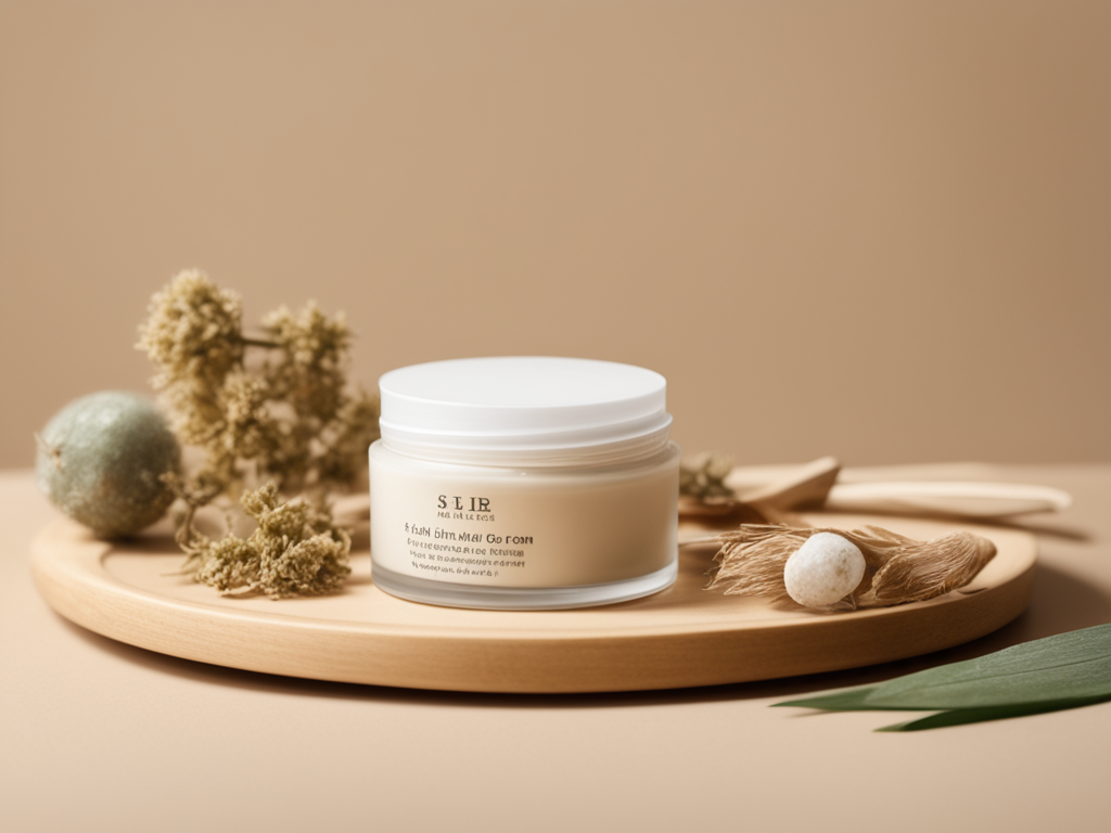 한방 성분 크림과 피부 측정 도구를 배치한 주름 연구 정물 이미지