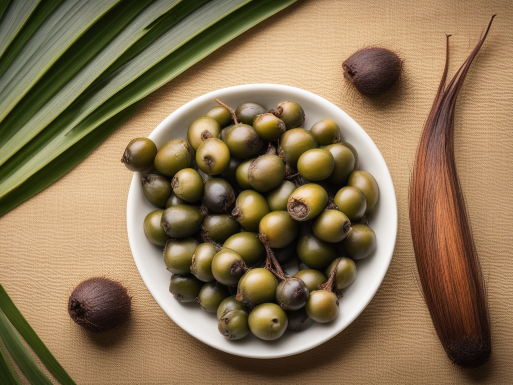 saw palmetto 열매와 모발 밀도 평가 기록지를 배치한 한의학 모발 연구 스틸라이프 이미지