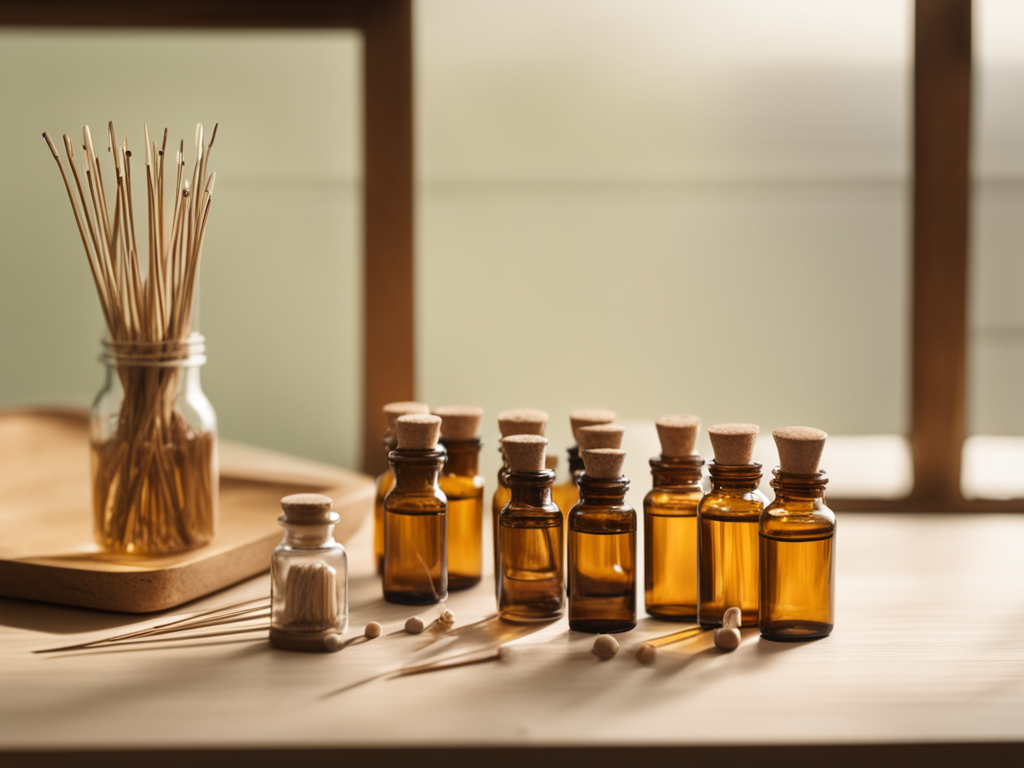 기미 평가 차트와 침치료 도구를 함께 배치한 의료 스틸라이프 이미지