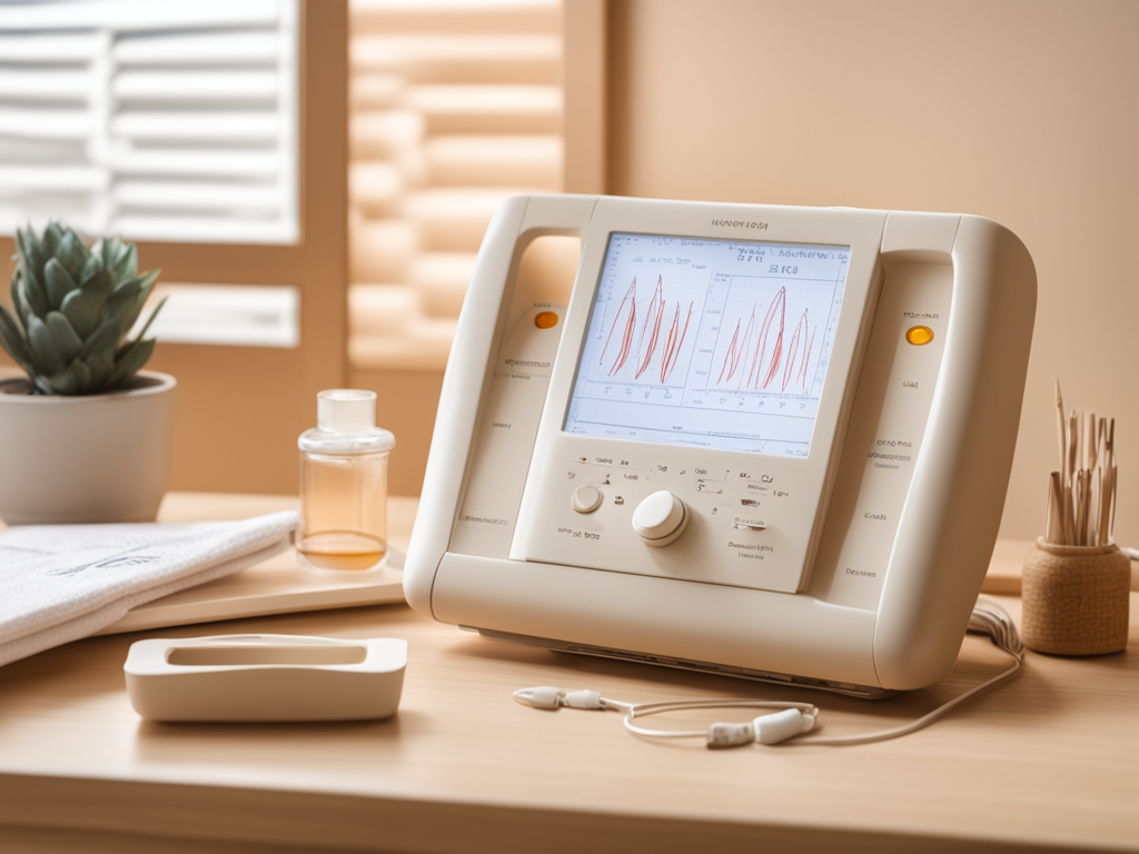 안면 피부노화 개선을 위한 경피 전기 경혈자극 임상연구를 상징하는 의료 스틸라이프 이미지