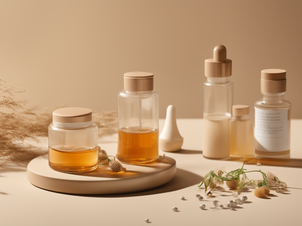 허브 캡슐, 피부측정 장비, 연구기록지를 배치한 피부과 연구 스틸라이프 이미지