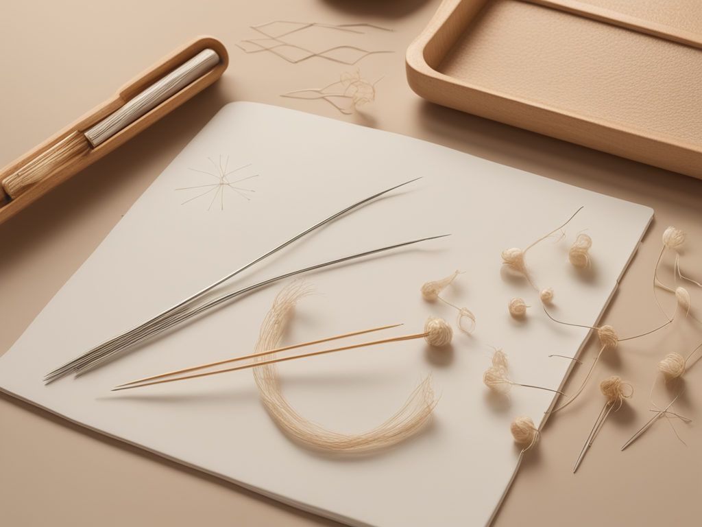 실매선 침 시술 도구와 안면 주름 평가 자료를 표현한 의료 스틸라이프 이미지