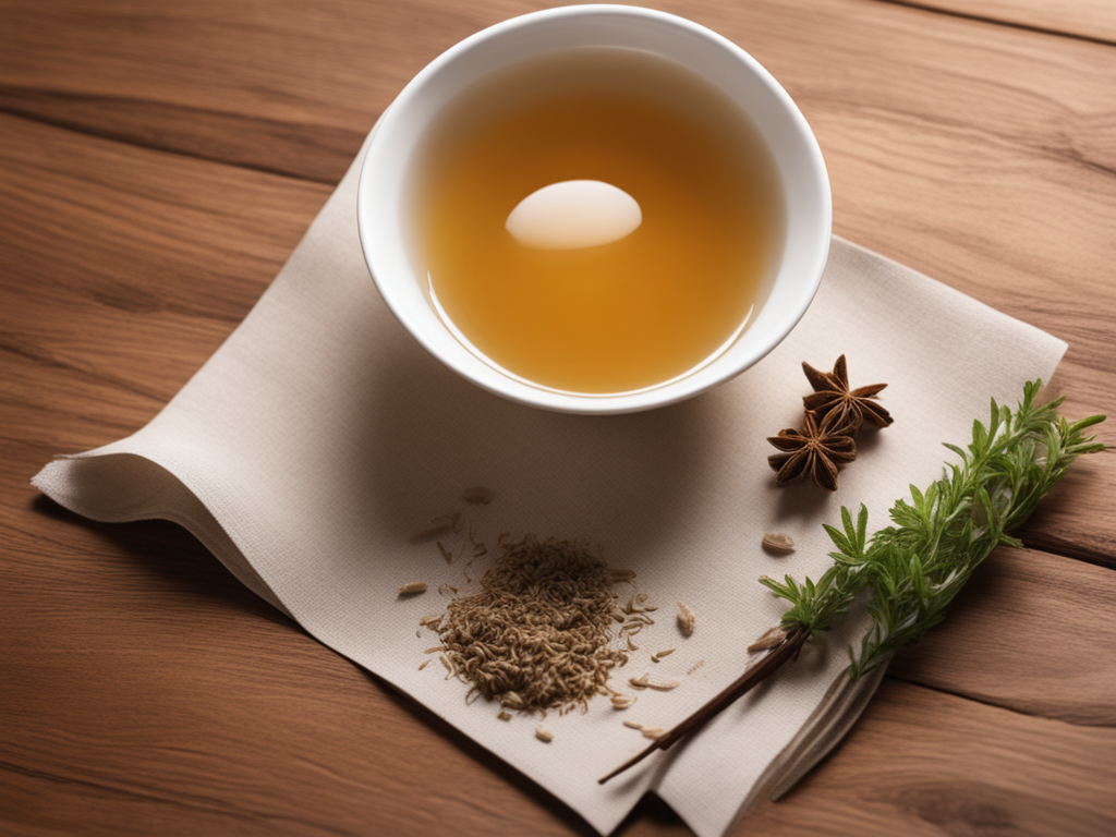 기미 치료 한약 처방과 피부 평가 기록을 표현한 의료 스틸라이프 이미지